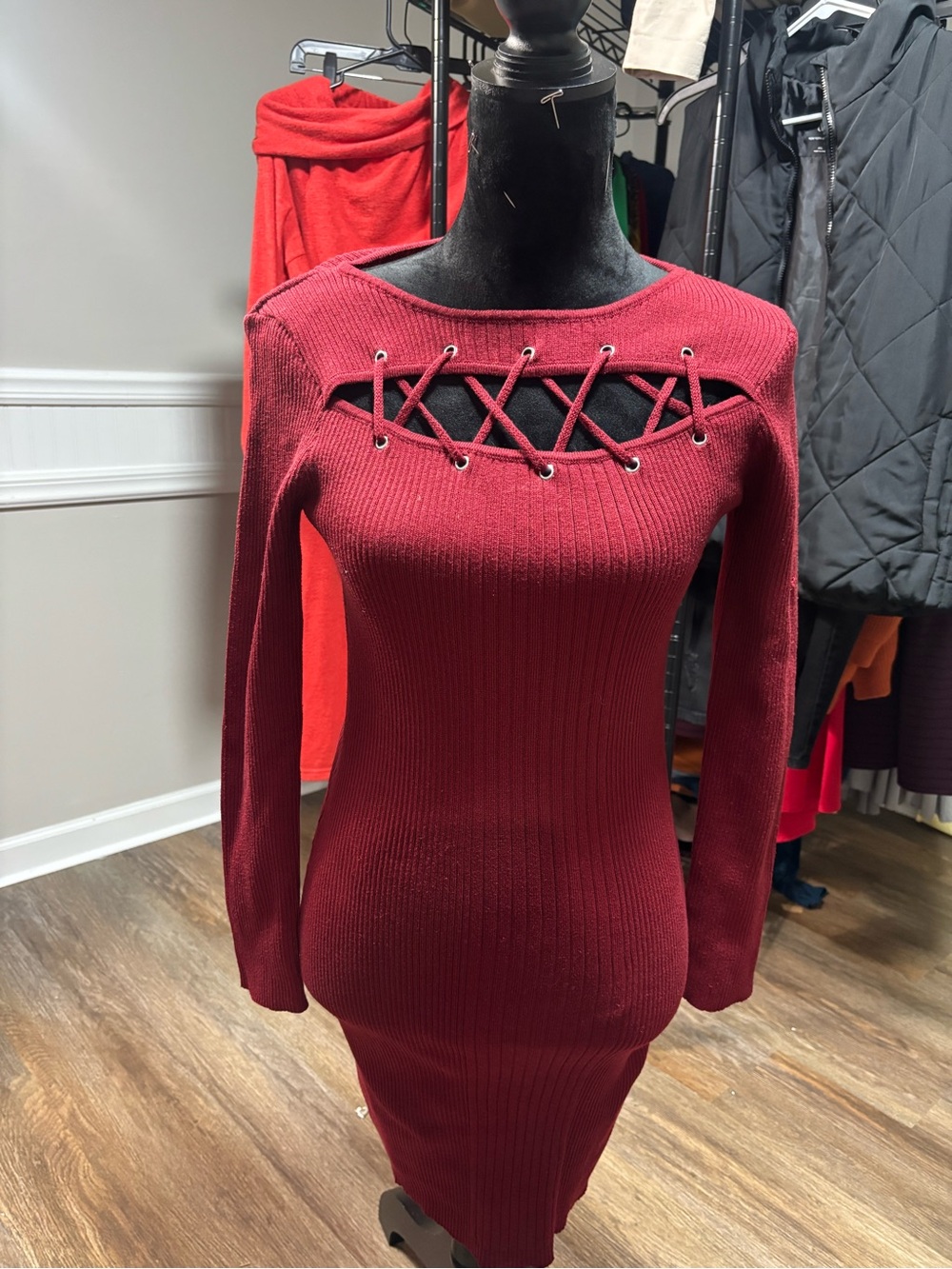 New Look Ribbed Lace-Up Long Sleeve Dress - Deep Red